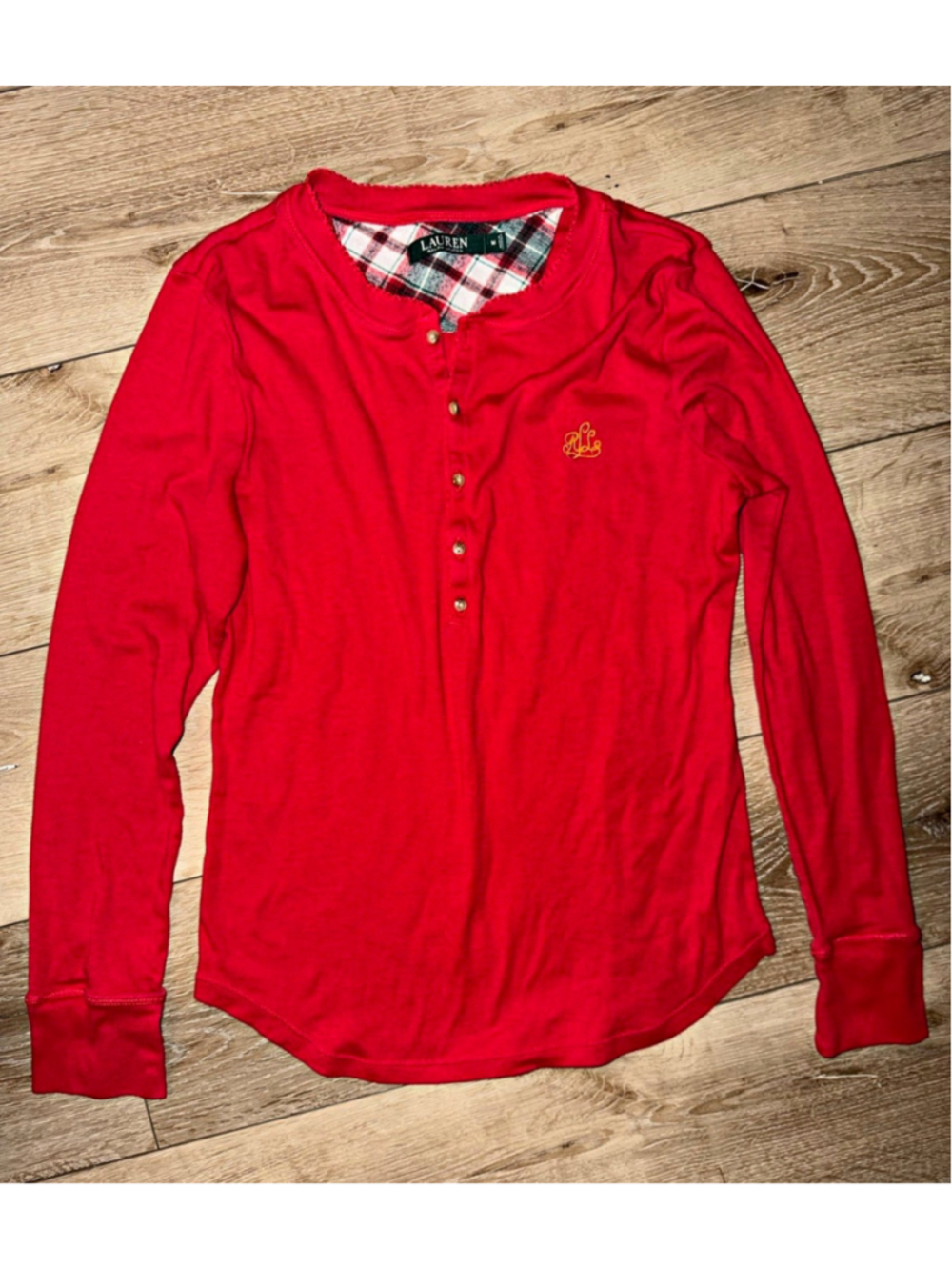 Lauren Ralph Lauren Womens M Red Henley Shirt Plaid Trim Monogram Long Sleeve